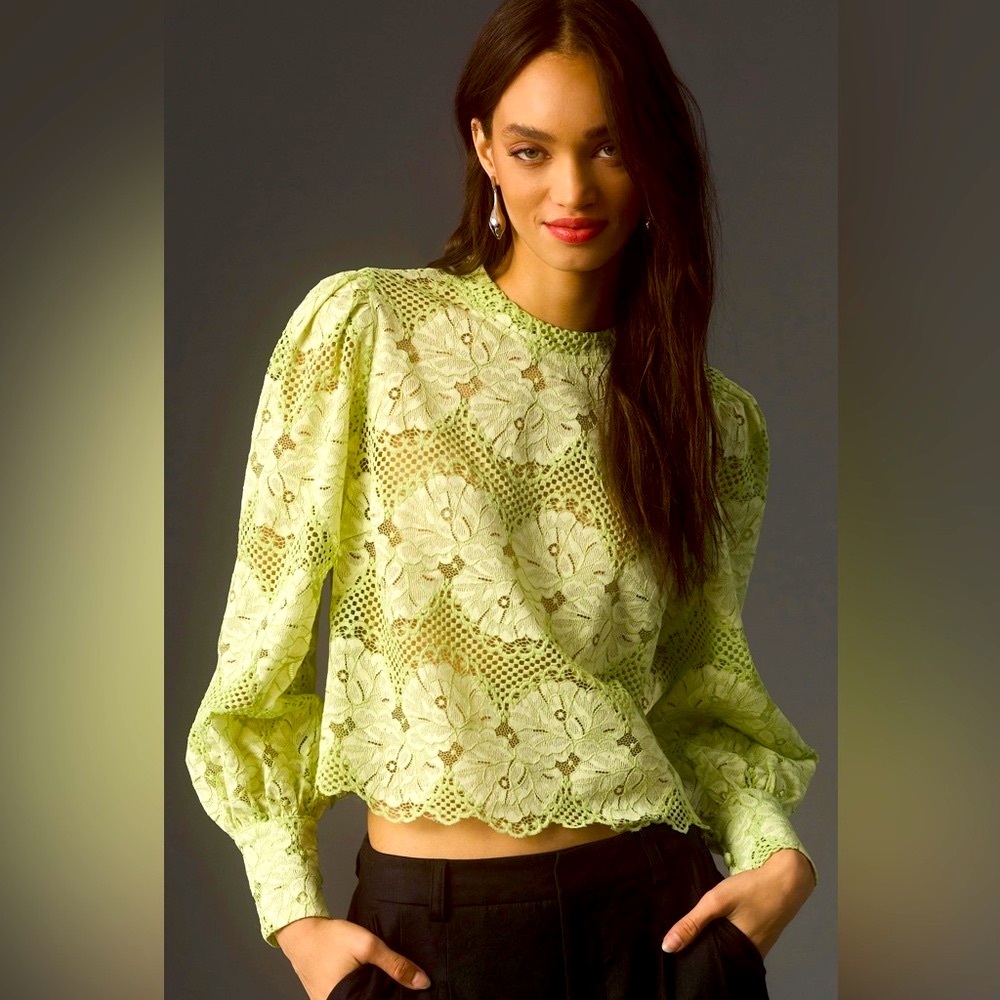 NWT Anthropologie Dolan Left Coast Mock-Neck Lace Blouse Green Floral top GIFT